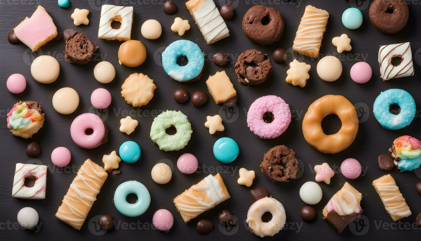 AI generated assorted cookies and pastries on a black background photo