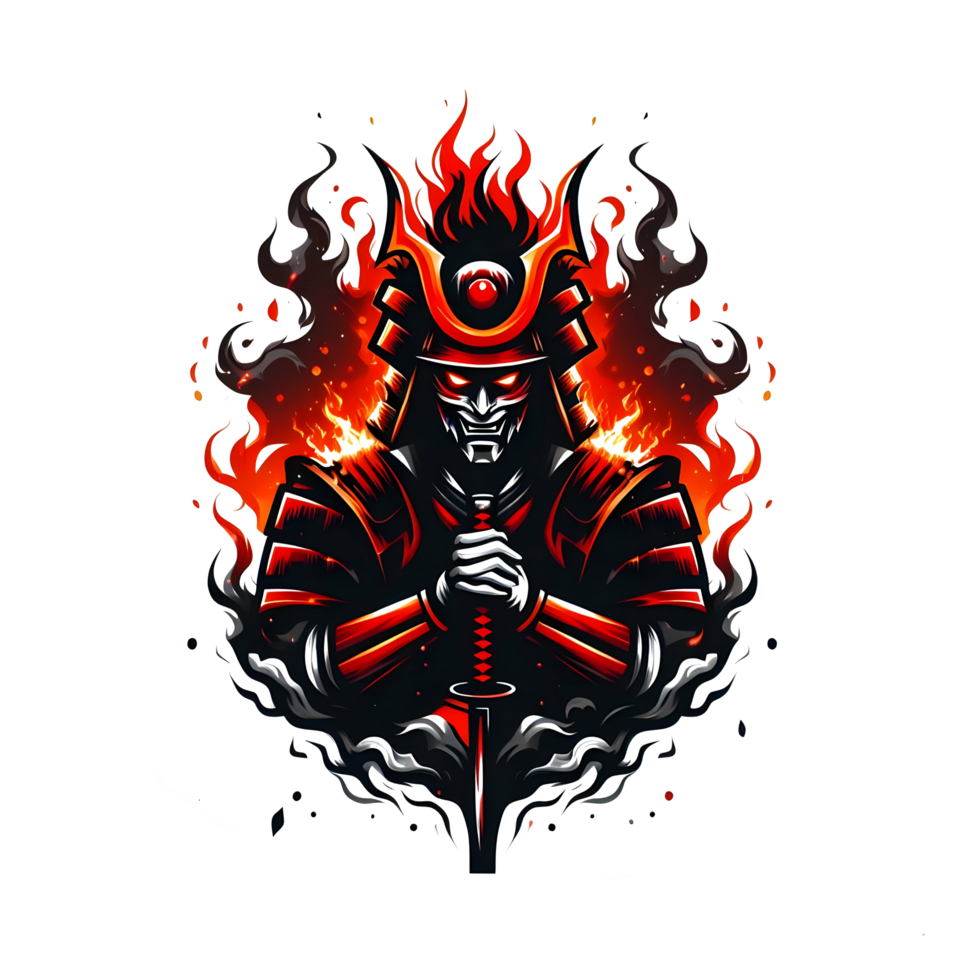 AI generated a samurai with flames on his face and sword png