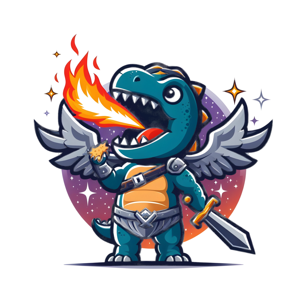 AI generated cartoon dinosaur with wings and sword holding fire png