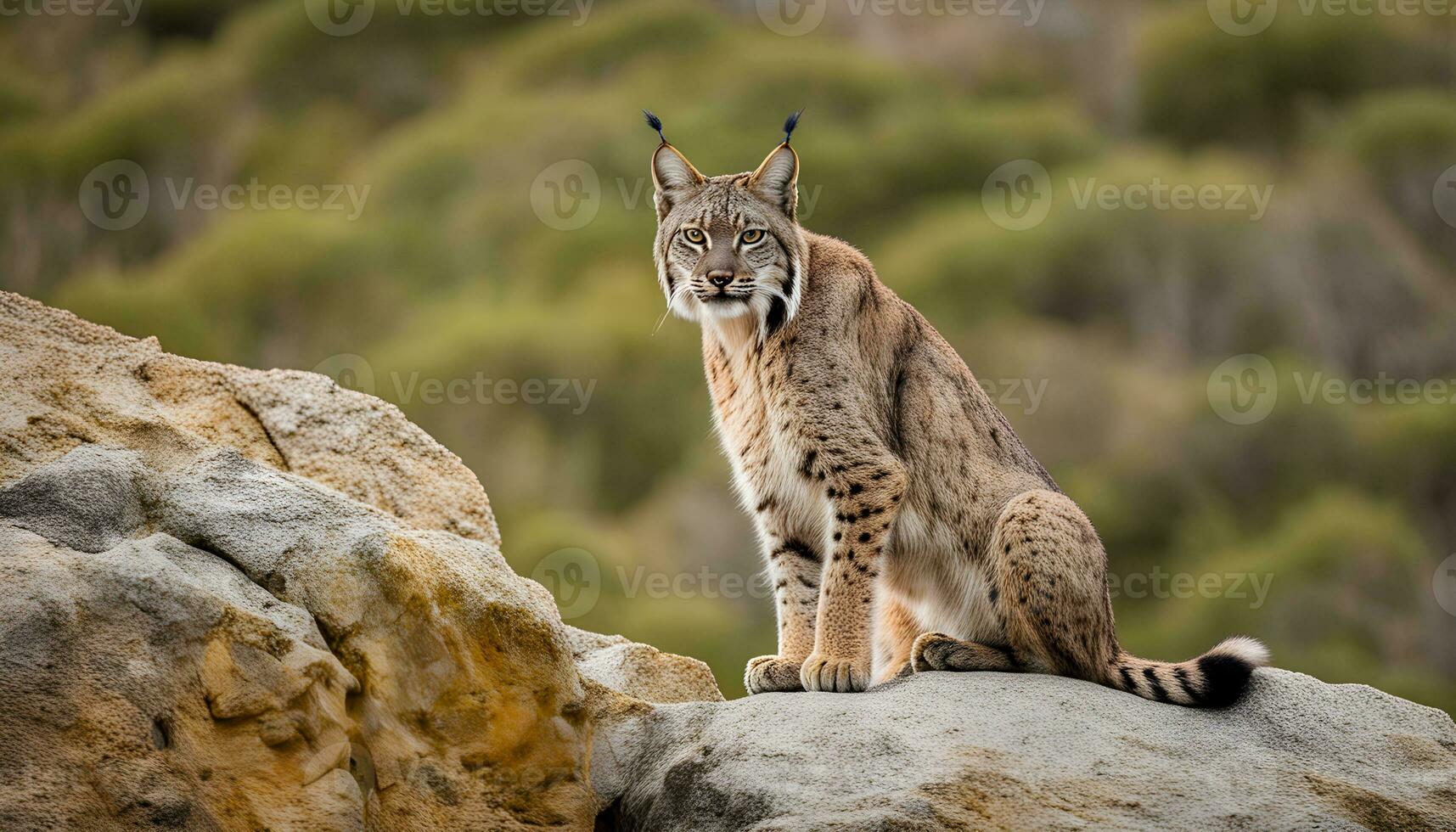 ai generado un lince es sentado en un rock en el salvaje foto