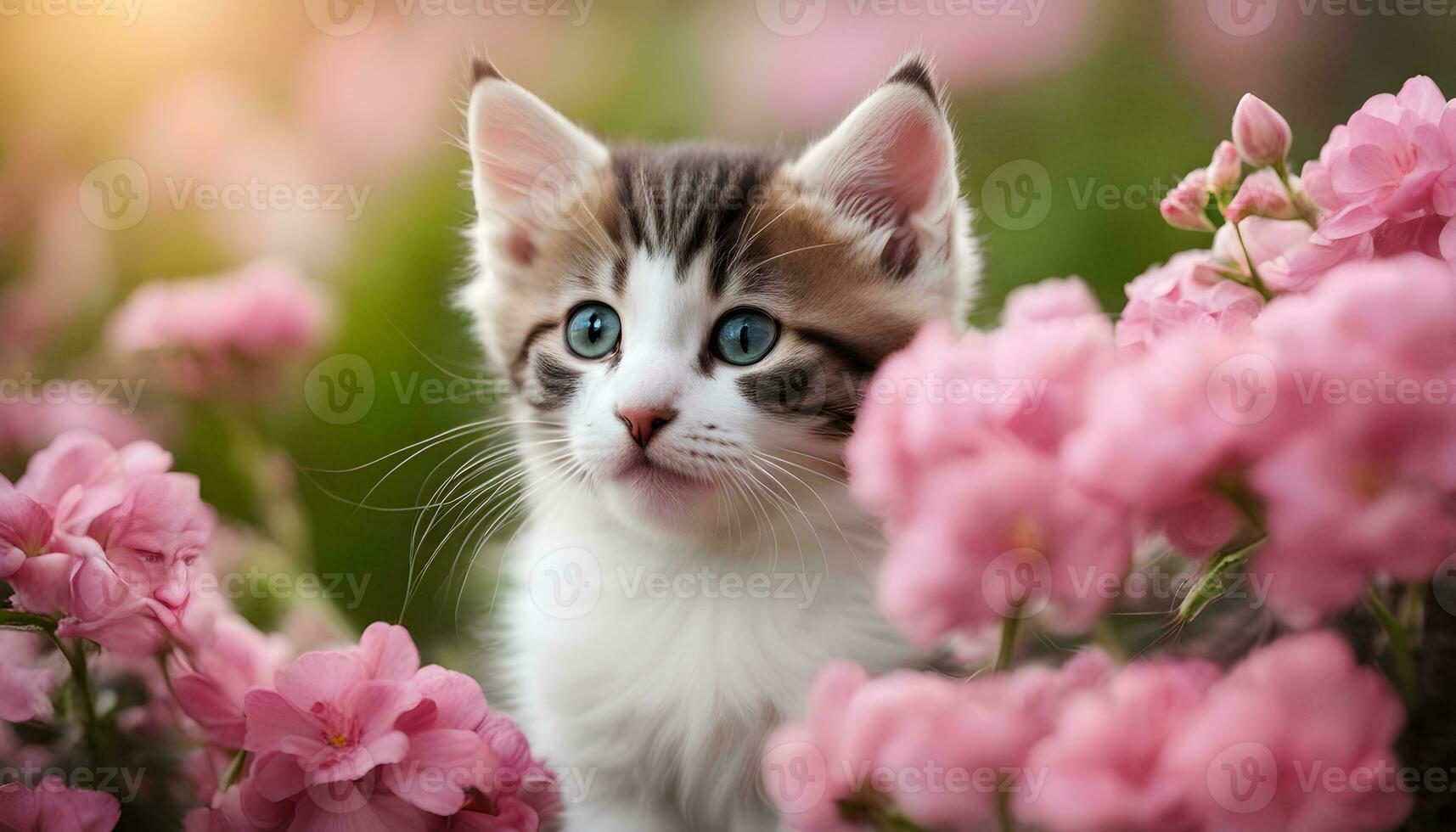 ai generado un gatito es sentado en el medio de rosado flores foto