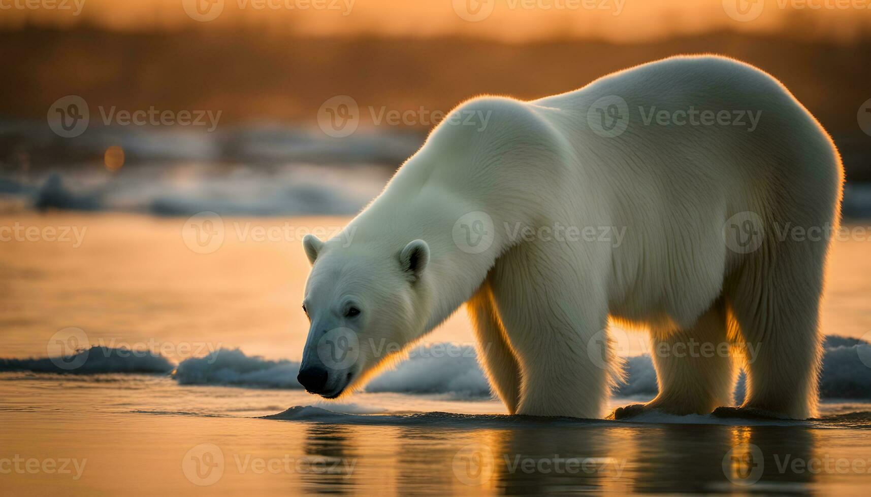 AI generated a polar bear is standing in the water at sunset photo