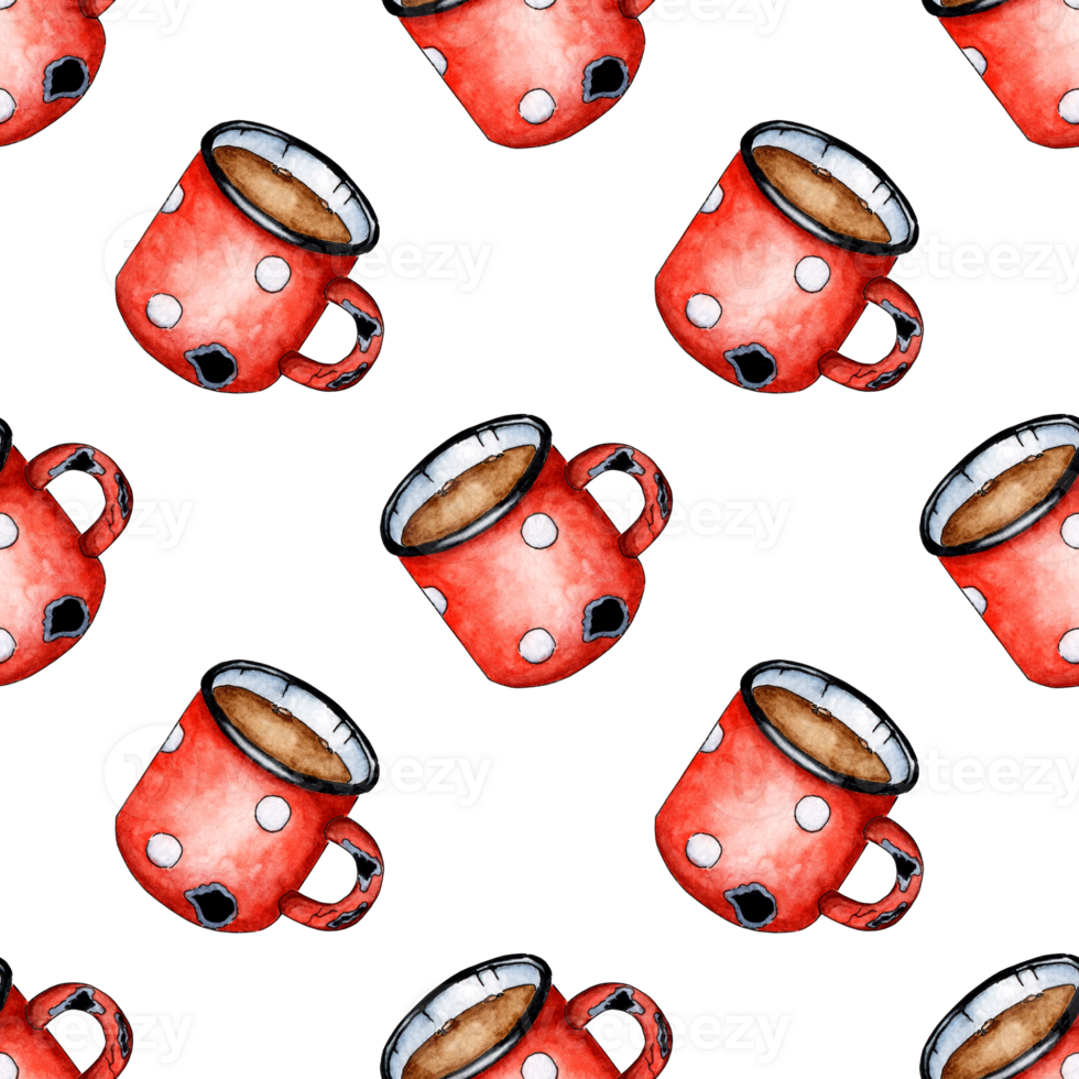 Watercolor illustration pattern red mug for camping. Cutlery for drinking on a long hike. For the design of design compositions on the theme of tourism, hiking, outdoor recreation. Isolated png