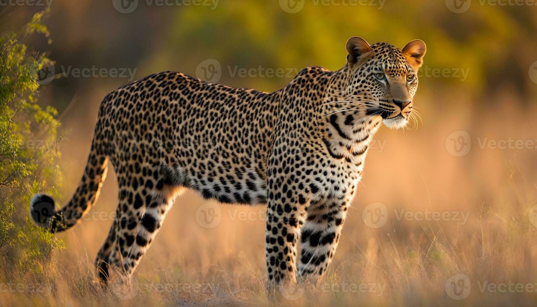 AI generated a leopard is standing in the grass in the sun photo