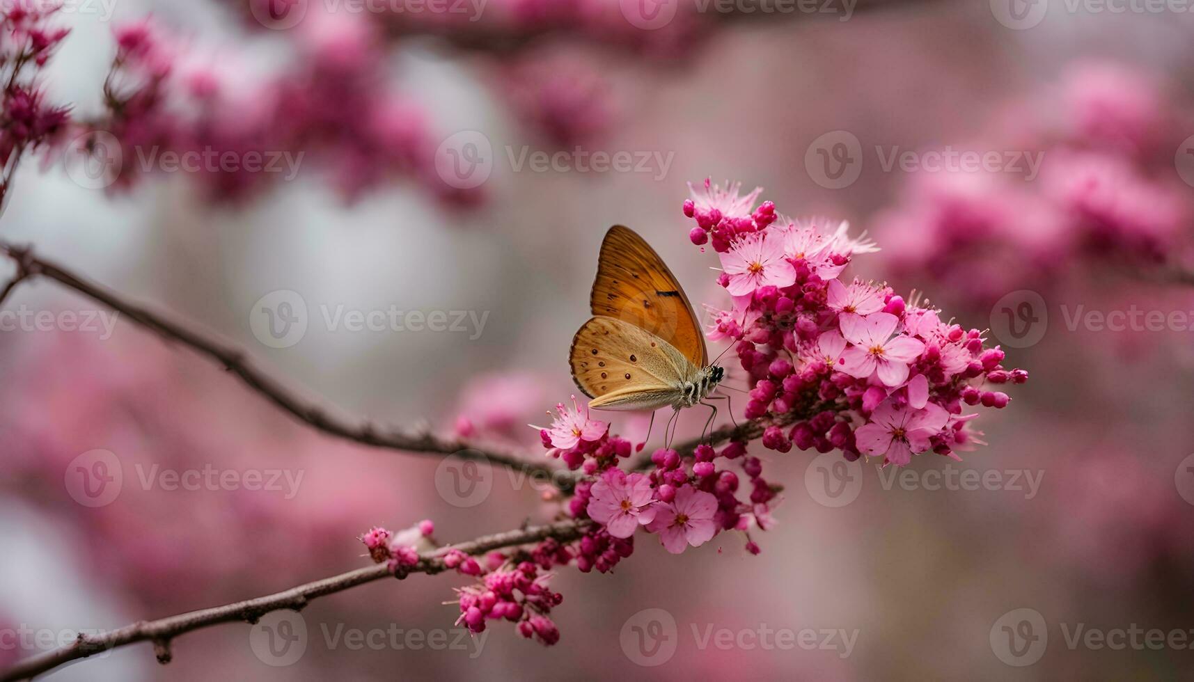 ai generado un mariposa se sienta en un rama de un rosado flor foto