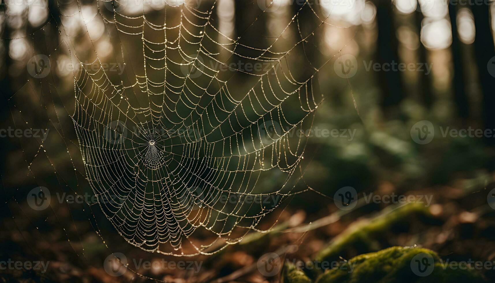 AI generated a spider web in the woods photo