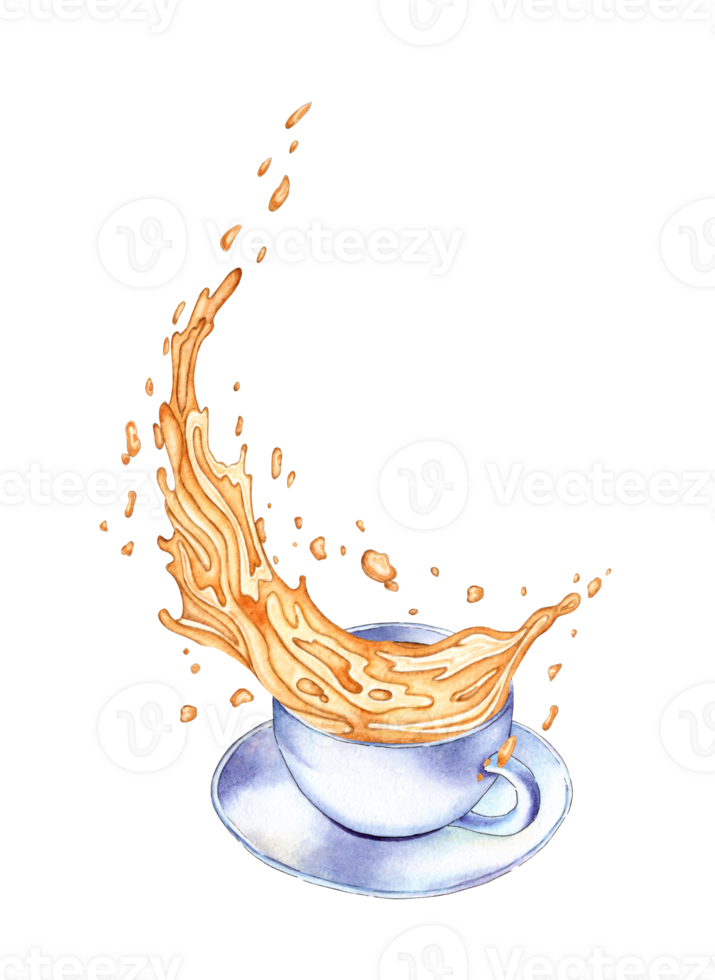 Watercolor illustration of a white cup with splashes of golden liquid similar to tea, juice, oil. Drawing of a yellow drink isolated. Compositions for posters, cards, banners, menus png
