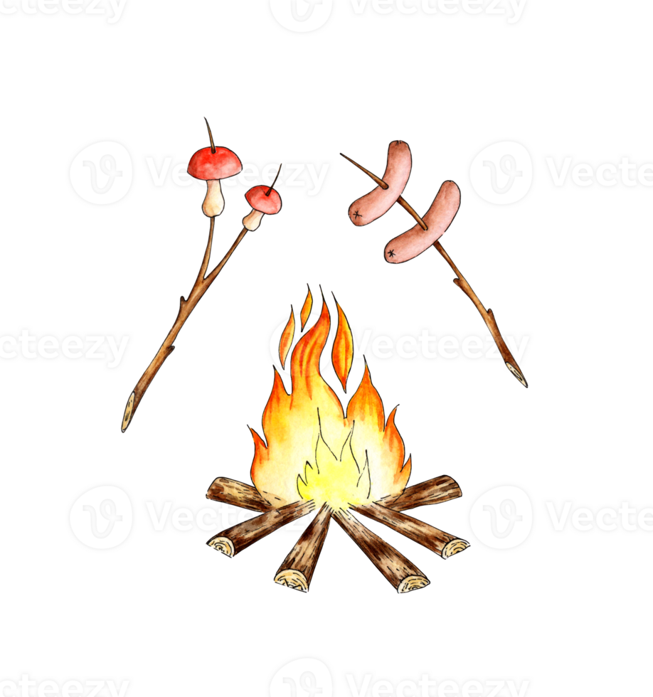 Watercolor illustrations of sausages and mushrooms are fried on a fire, on a stick. Outdoor recreation, camping. For the design of design compositions on the theme of tourism, hiking, outdoor png