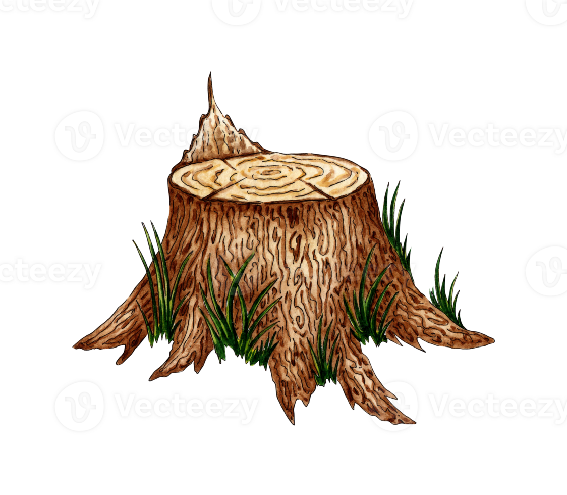 Watercolor illustration of a tree stump with grass. Cut tree trunk with bark and plants. For the design of design compositions on the theme of tourism, hiking, outdoor recreation. isolated. png