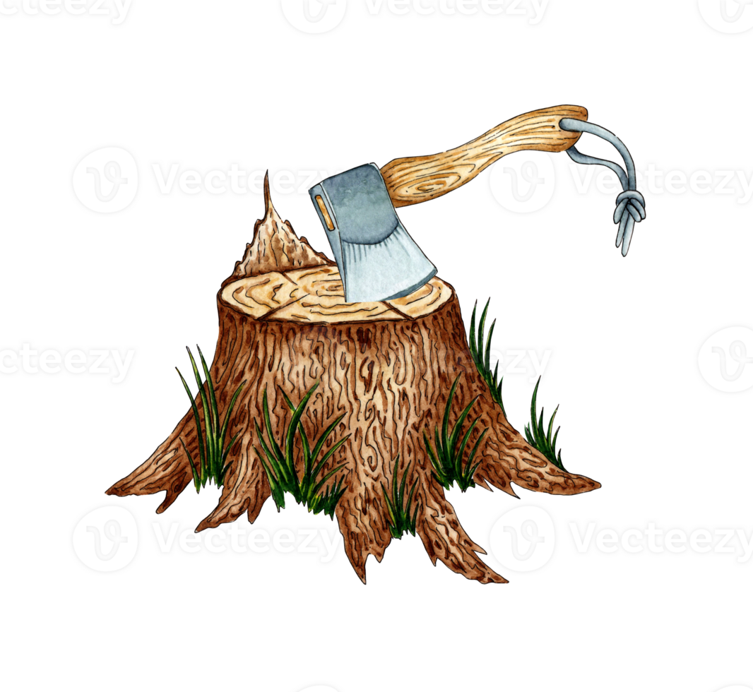Watercolor illustration of an ax in a stump, chopping firewood, camping. For the design of design compositions on the theme of tourism, hiking, outdoor recreation. isolated . Drawn by hand. png
