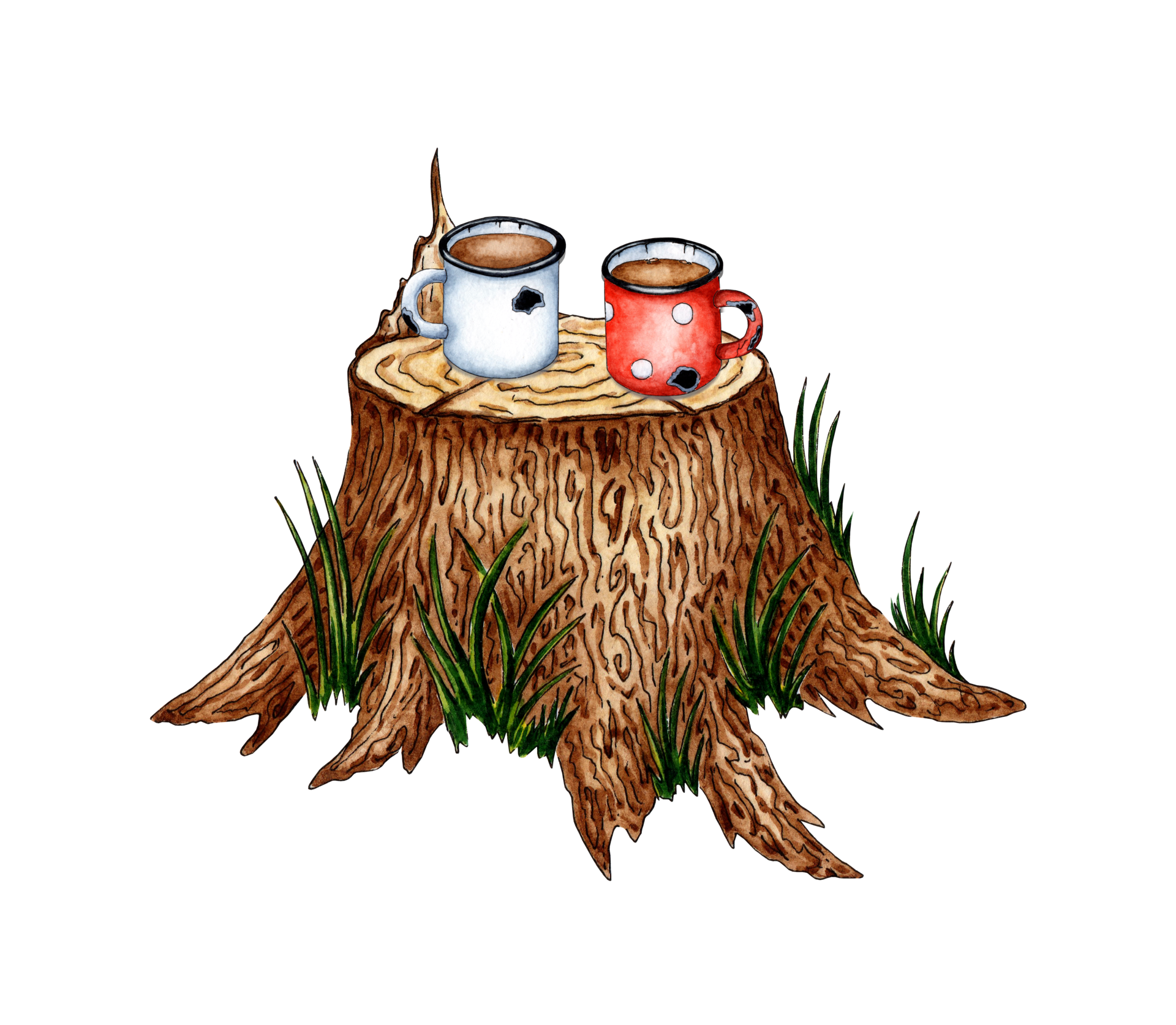 Watercolor Illustration Of Mugs With Tea Stand On A Stump Camping watercolor-illustration-of-mugs-with-tea-stand-on-a-stump-camping