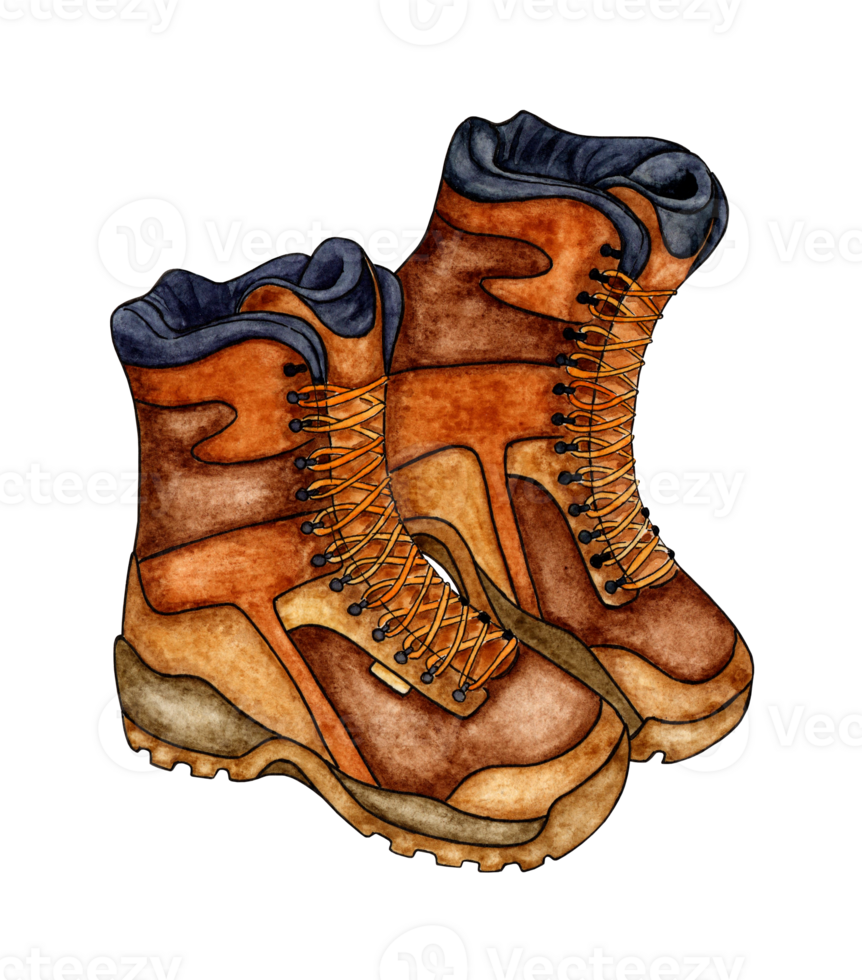 Watercolor illustration of hiking boots. Military army brown safety shoes. For the design of design compositions on the theme of tourism, hiking, outdoor recreation. isolated. Drawn by hand. png