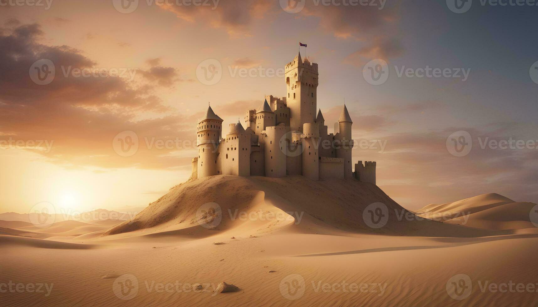 AI generated a castle in the desert with a sunset photo