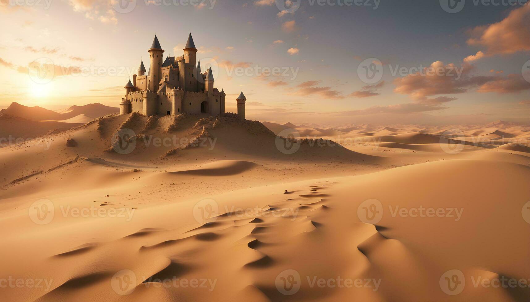 AI generated a castle in the desert with sand dunes photo