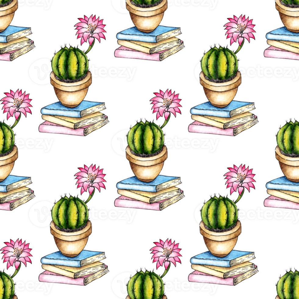 Watercolor illustration pattern of cactus in a pot stands on books. It's perfect for postcards, posters, banners, invitations, greeting cards, prints. Isolated  Drawn by hand. png