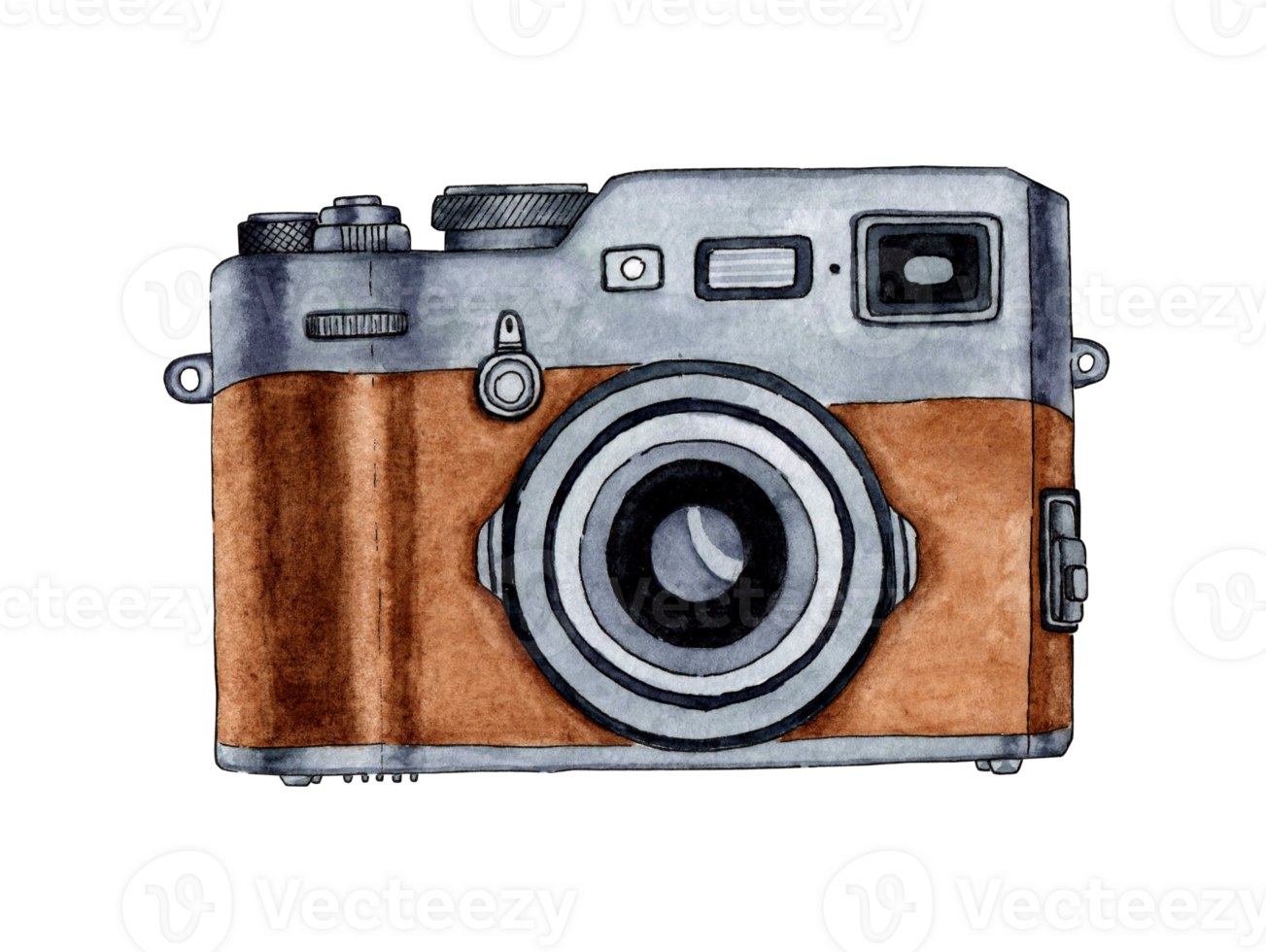 Watercolor illustration of a brown retro photo camera. Ideal for photography logo. Isolate. Drawn by hand. png