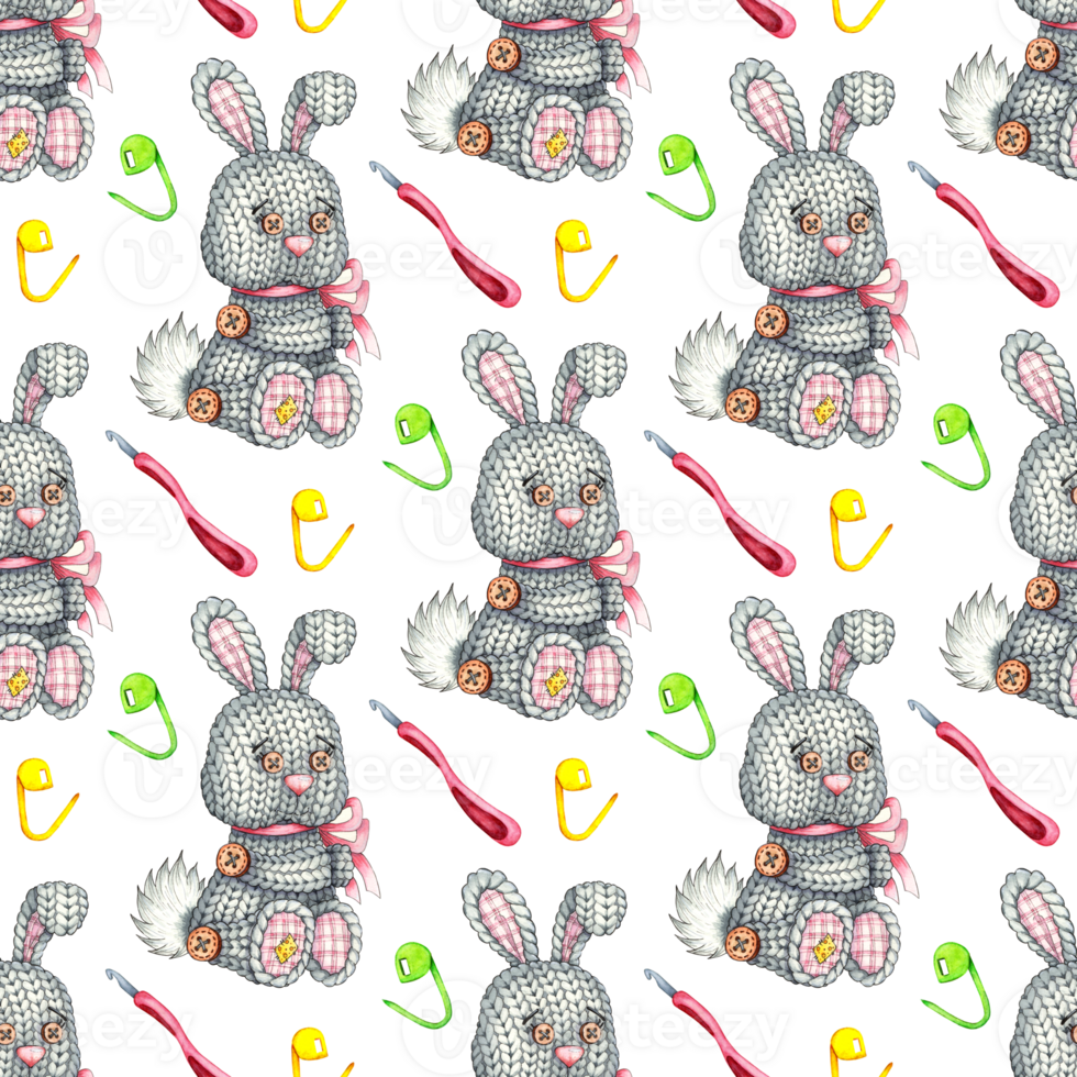 Watercolor illustration of a knitted bunny and crochet pattern. Handmade children's toy. Ideal for print, web, textile design, scrapbooking, gifts. Isolated. hand-drawn png
