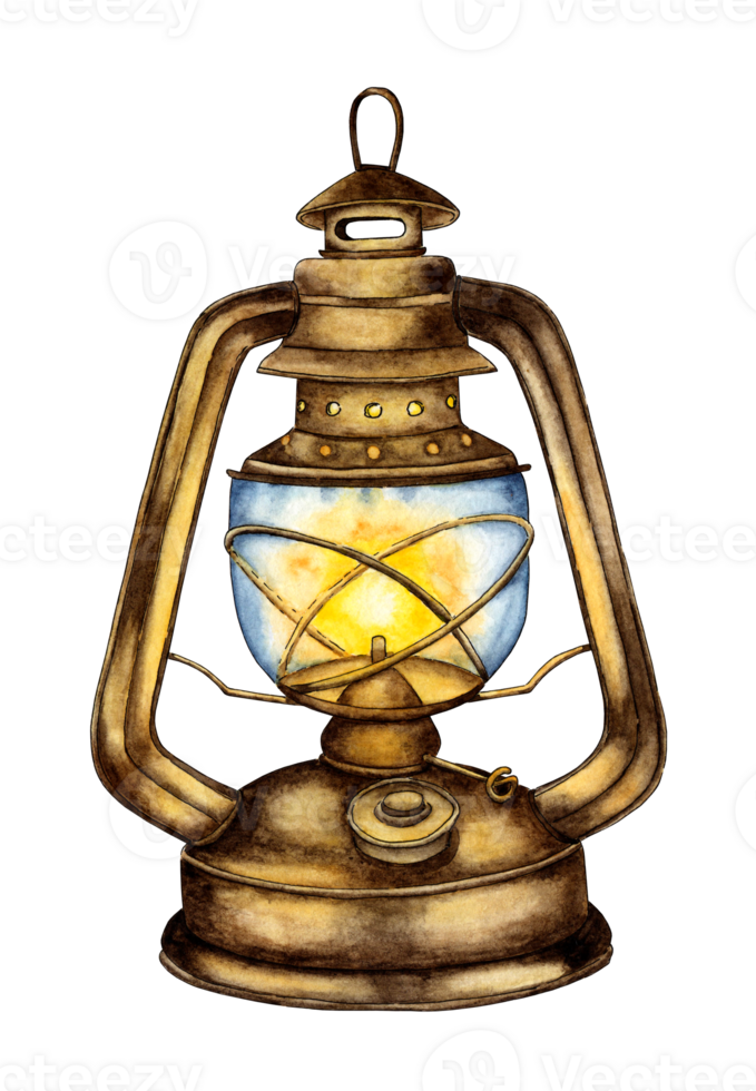 Watercolor illustration kerosene vintage lamp with flame. Cozy glass lantern element for autumn decor, scrapbook, postcards. Isolated . Drawn by hand. png