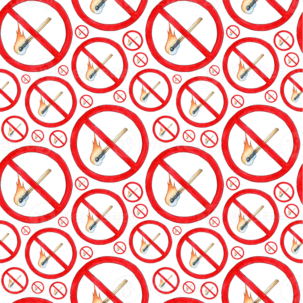 Watercolor illustration pattern of a flammable burning match in a red circle, crossed out. Red flame prohibition sign. Making fire is prohibited. Isolated png