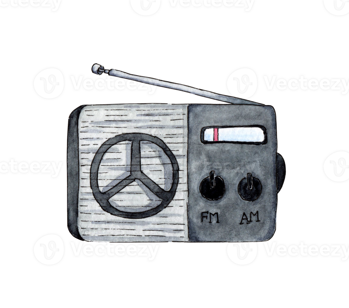 Watercolor illustration of a small portable radio. Signal transmission at a distance. Music on the go. Music logo. Isolated. Drawn by hand. png