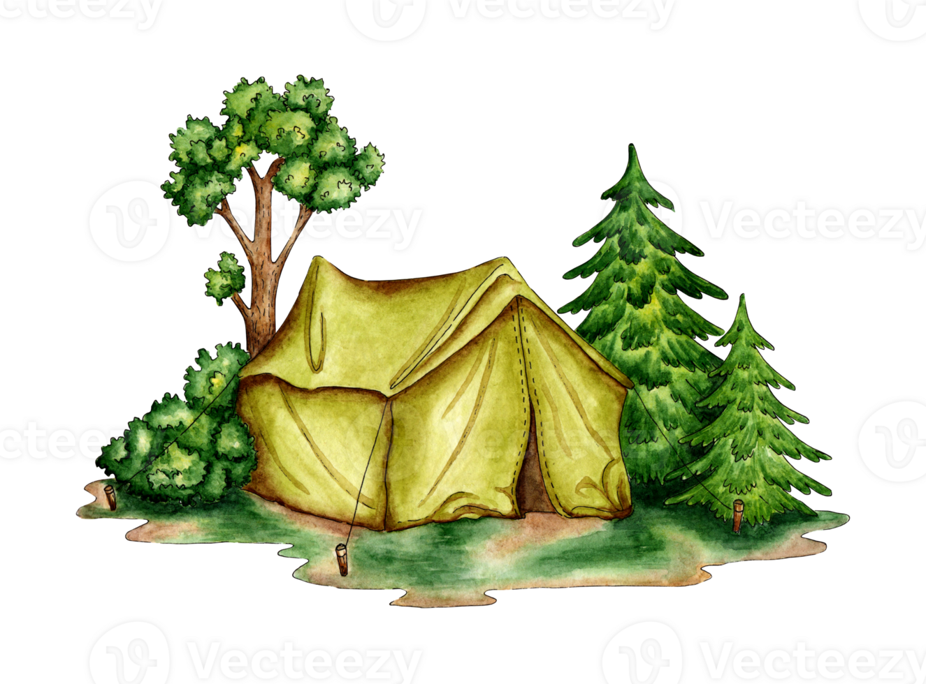 Camping watercolor illustration. The tent stands in a clearing near the forest. For the design of design compositions on the theme of tourism, hiking, outdoor recreation. Isolated. Drawn by hand. png