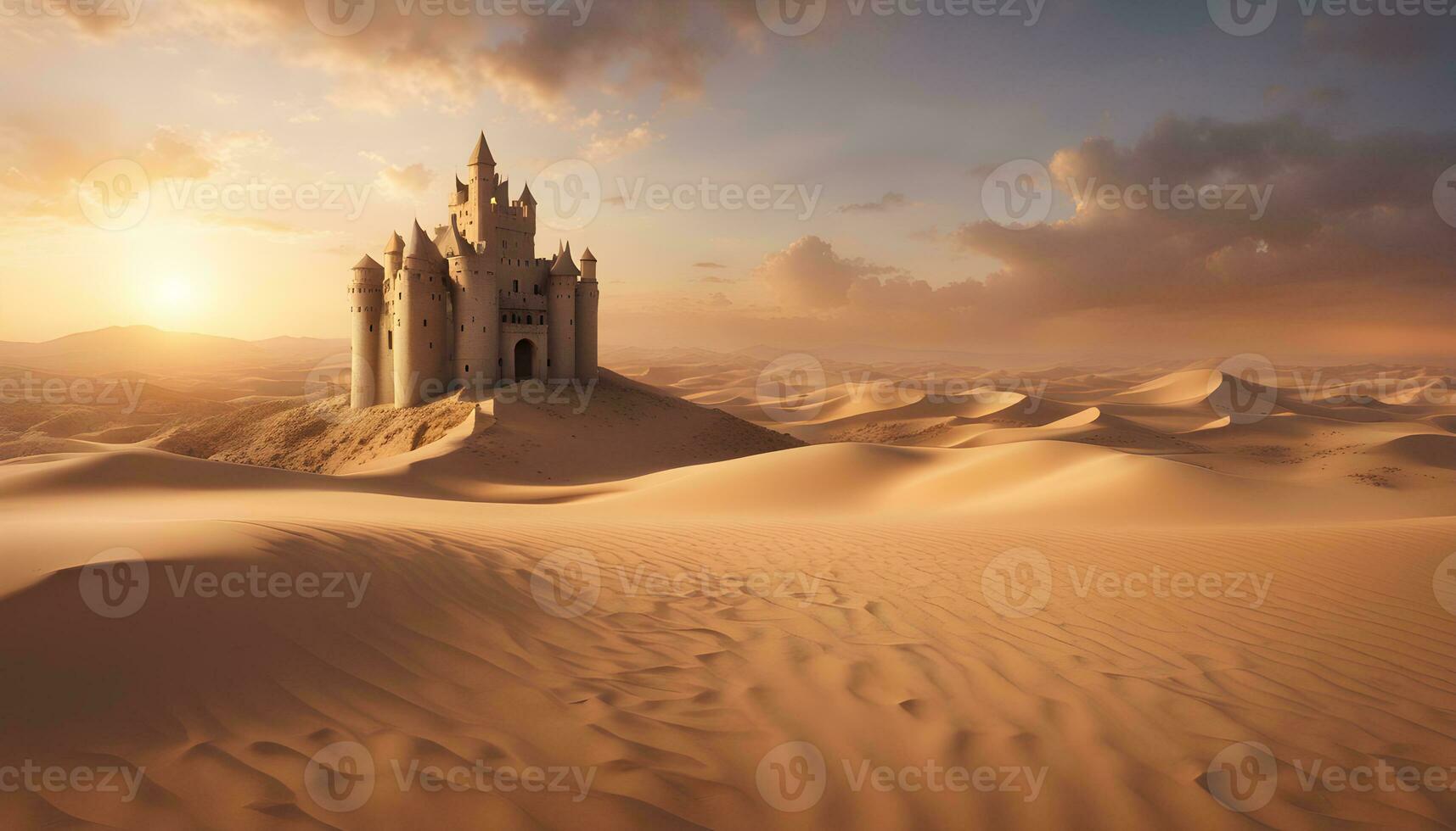 AI generated a castle in the desert with the sun setting photo