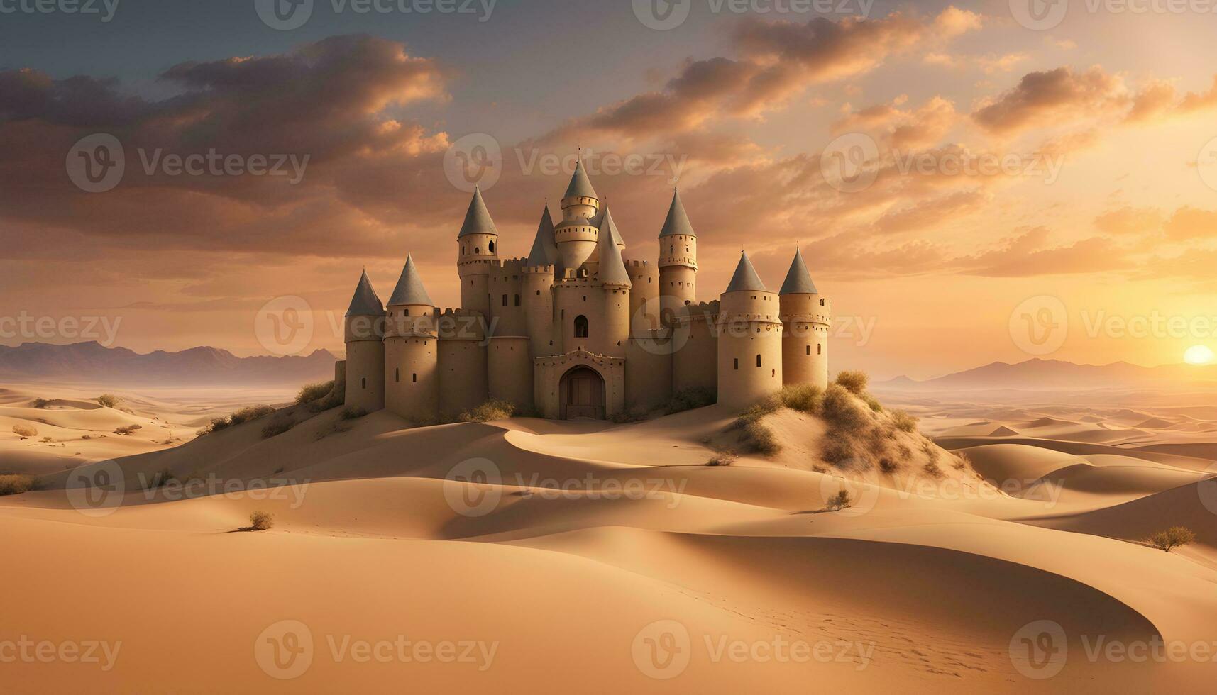 AI generated a castle in the desert with a sunset photo