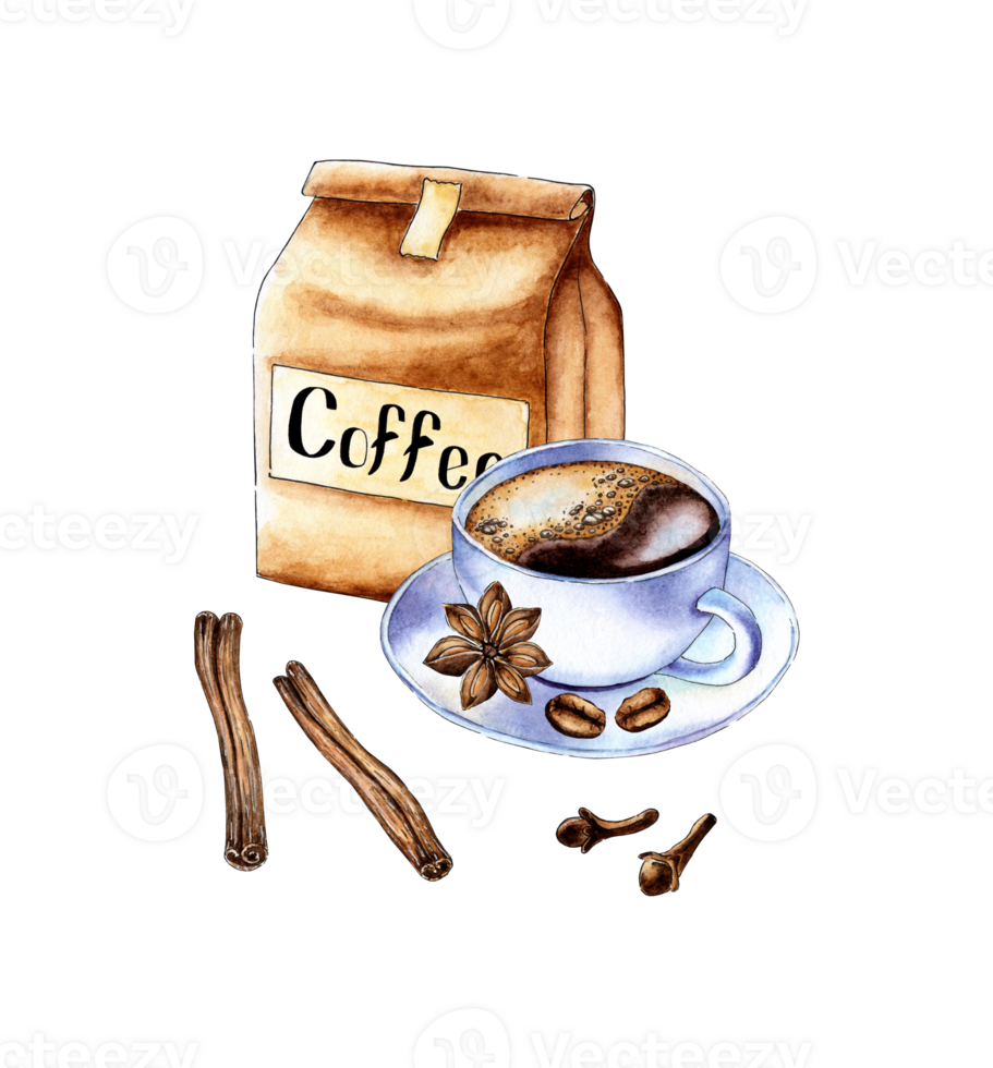 Watercolor illustration of a white cup with coffee, craft bag, cinnamon sticks, anise, cloves. Cafe logo isolated. Compositions for posters, cards, banners, flyers, png