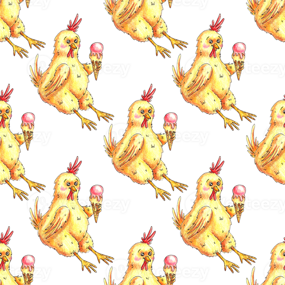 Pattern yellow funny chick eats ice cream drawn with colored pencils. It's perfect for postcards, posters, banners, invitations, greeting cards, prints. Isolated . Drawn by hand. png