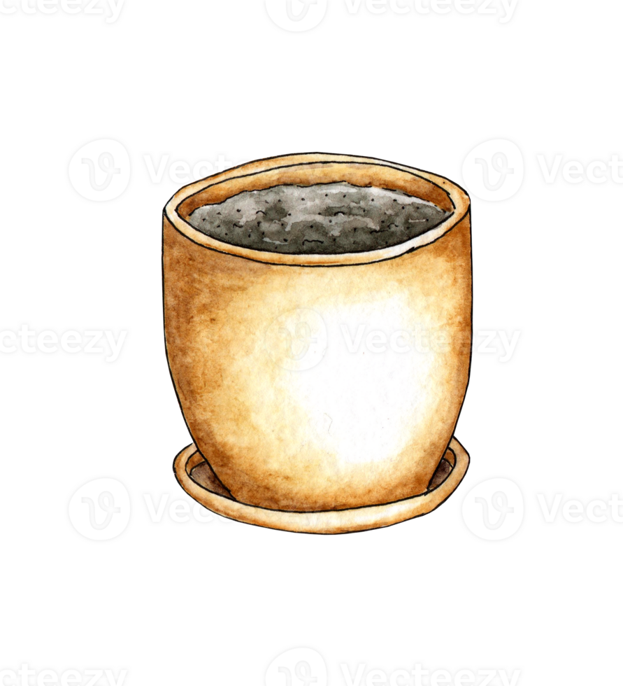 Watercolor illustration of a flower pot with earth. It's perfect for postcards, posters, banners