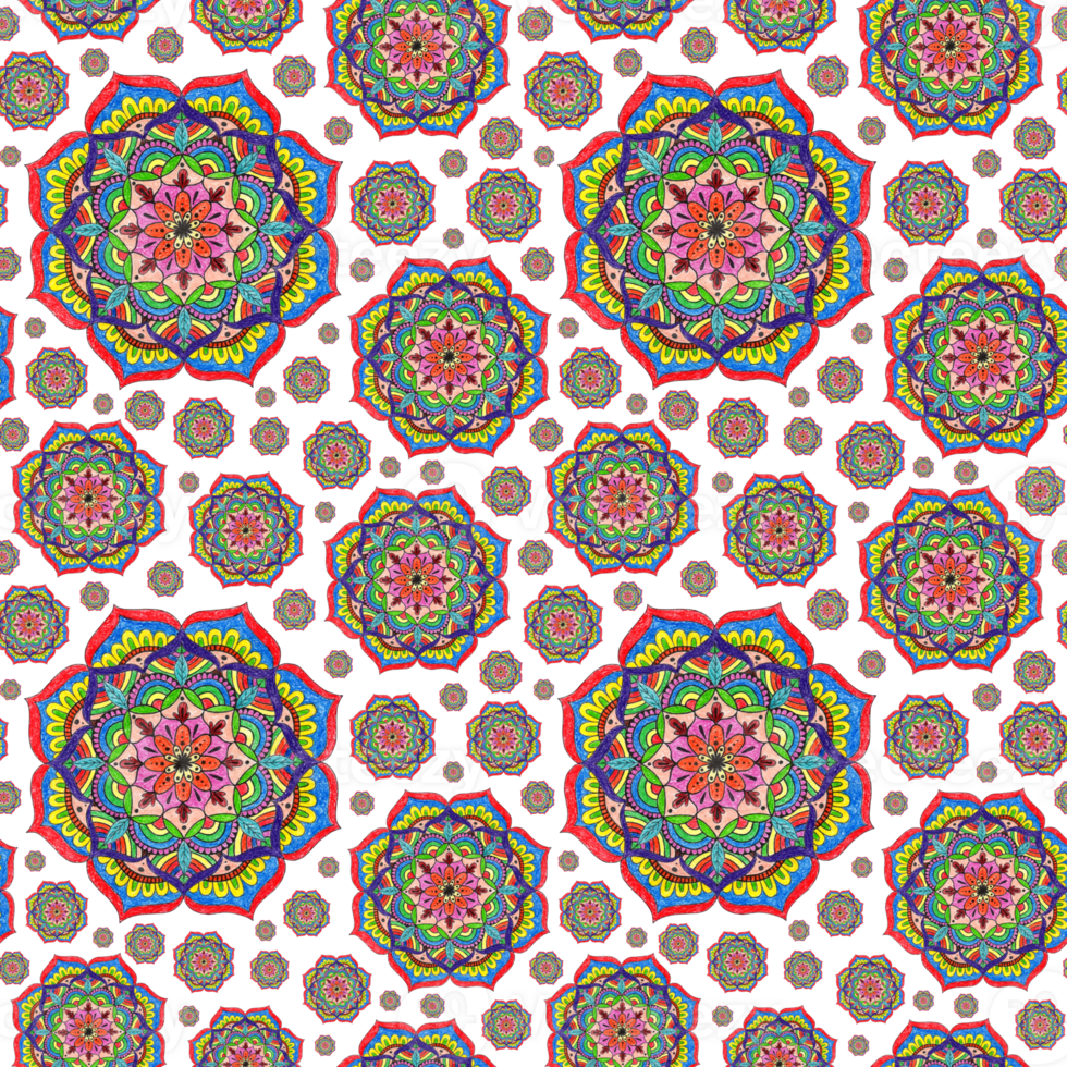 Pattern Flower mandala drawn with colored pencils. Ethnic mandala with colorful ornament. Bright colours. Drawn by hand. png
