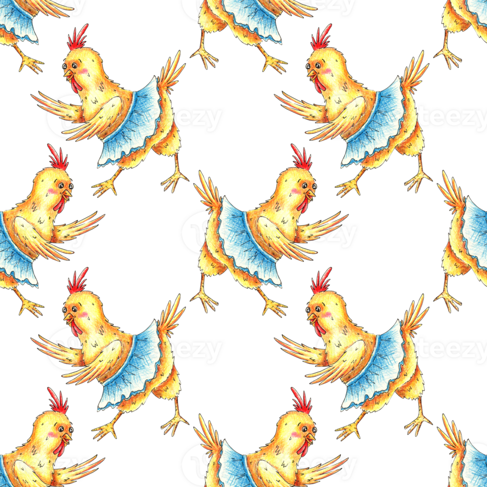 The pattern yellow funny chicken in a skirt is drawn with colored pencils. It's perfect for postcards, posters, banners, invitations, greeting cards, prints. Isolated . Drawn by hand. png