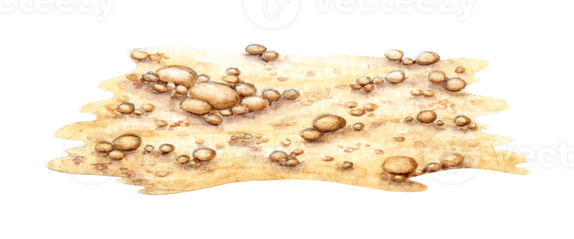 Watercolor illustration of a sandy beach with stones. Natural element Desert landscape with stones, sand and earth. Isolated. Background element for the design of gardens, landscapes, parks, forests. png
