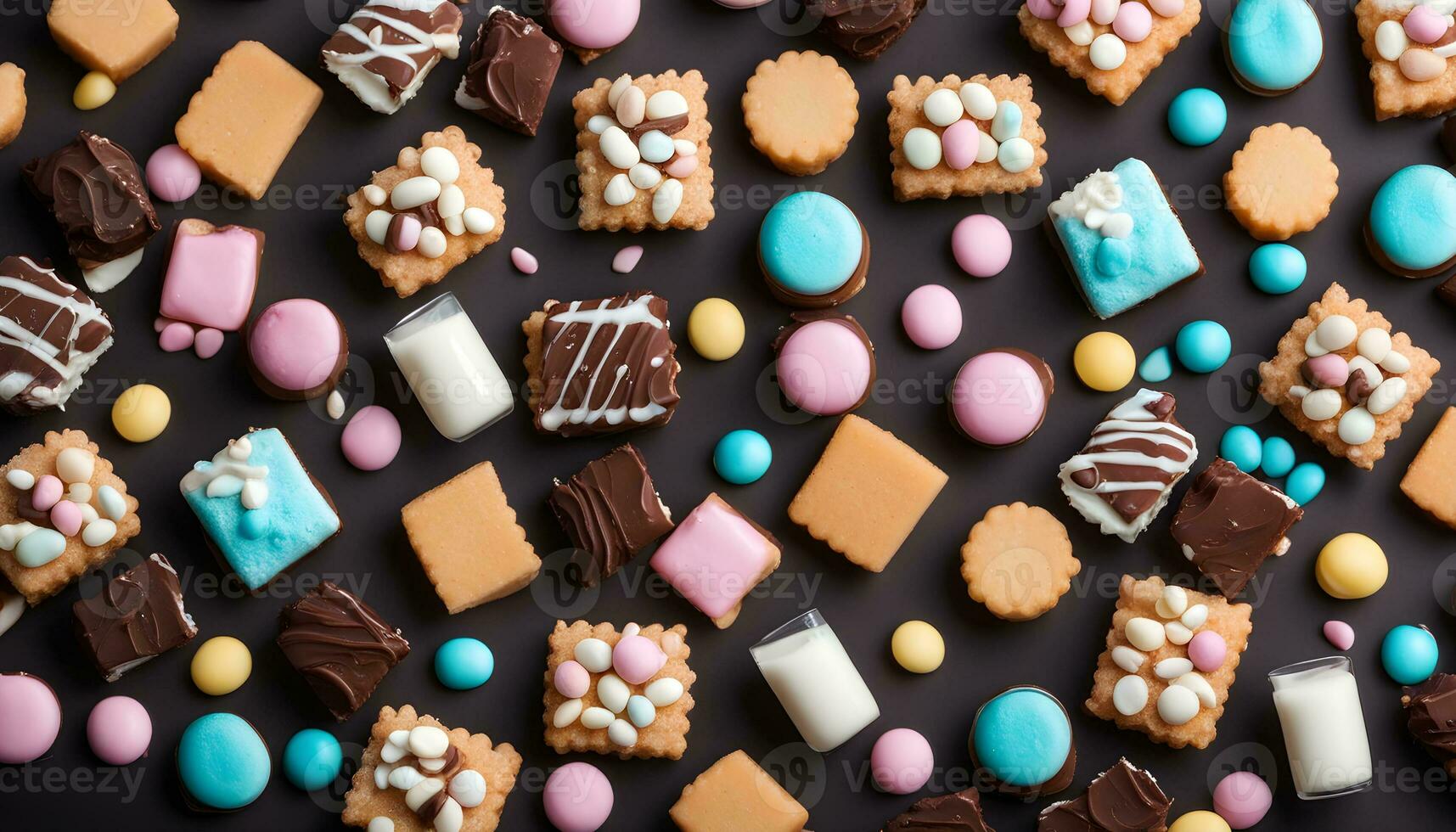 AI generated various types of cookies and candy on a black background photo