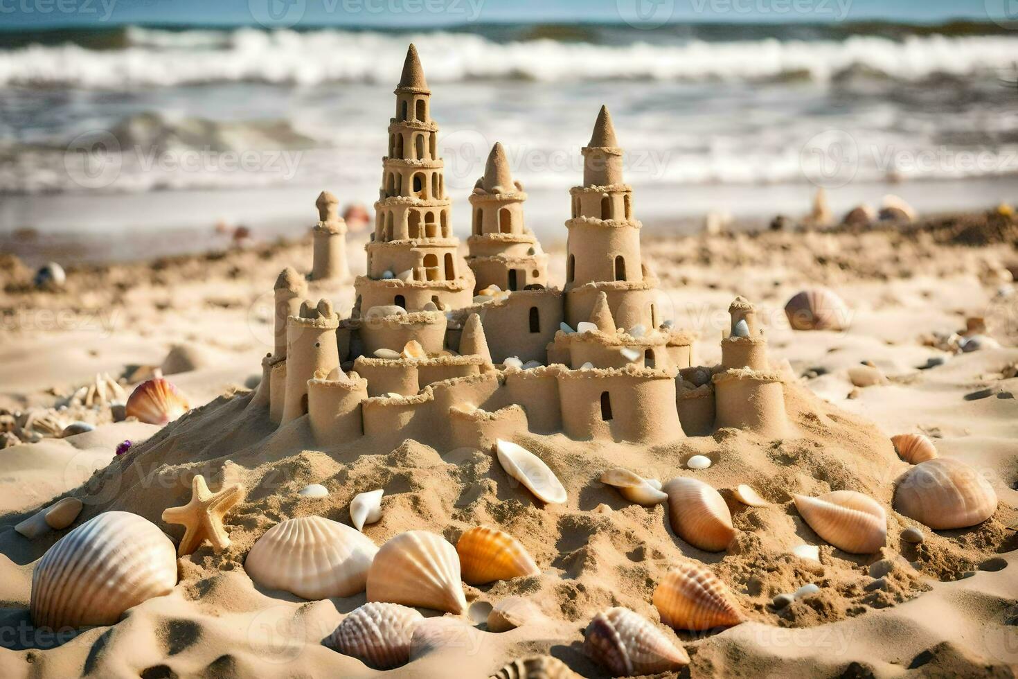 ai generado un arena castillo es mostrado en el playa foto