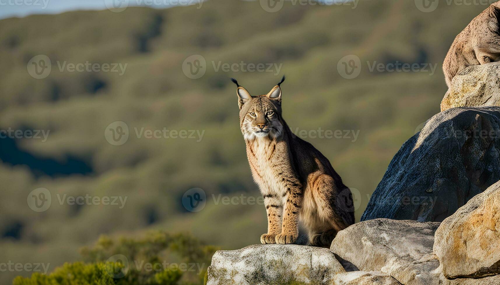 AI generated two lynx cats sitting on top of a rock photo