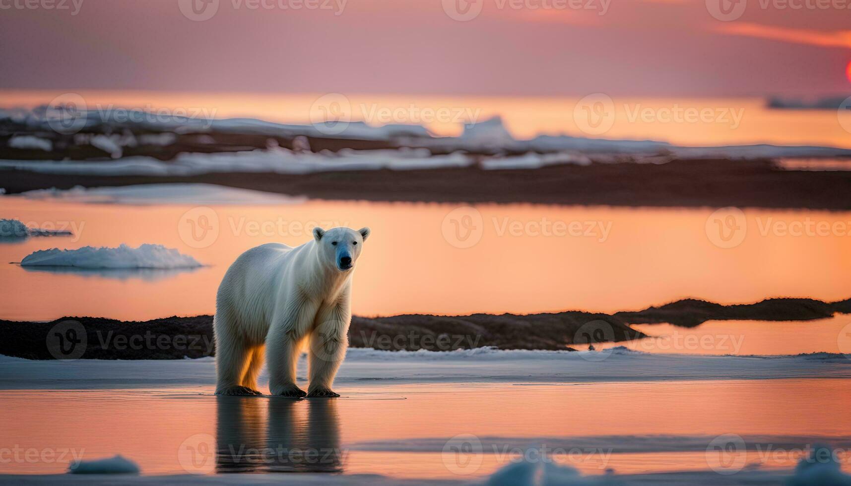 AI generated a polar bear standing on the ice at sunset photo