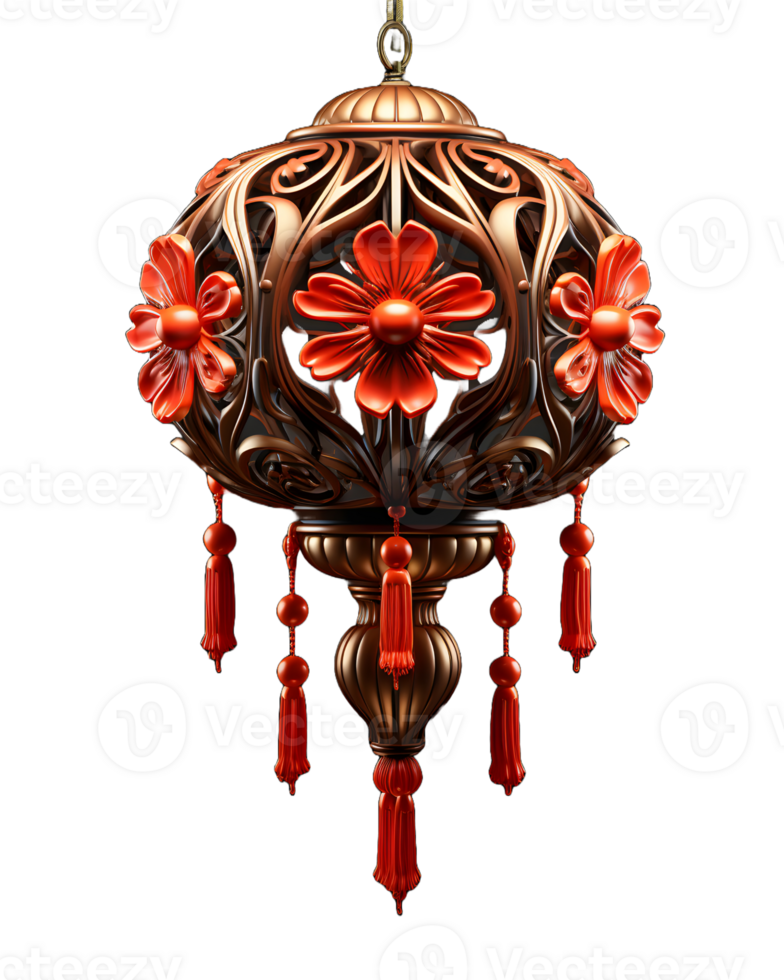 AI generated Beautiful Red Chinese Lantern with Floral Pattern Isolated on Transparent Background. Generative Ai png