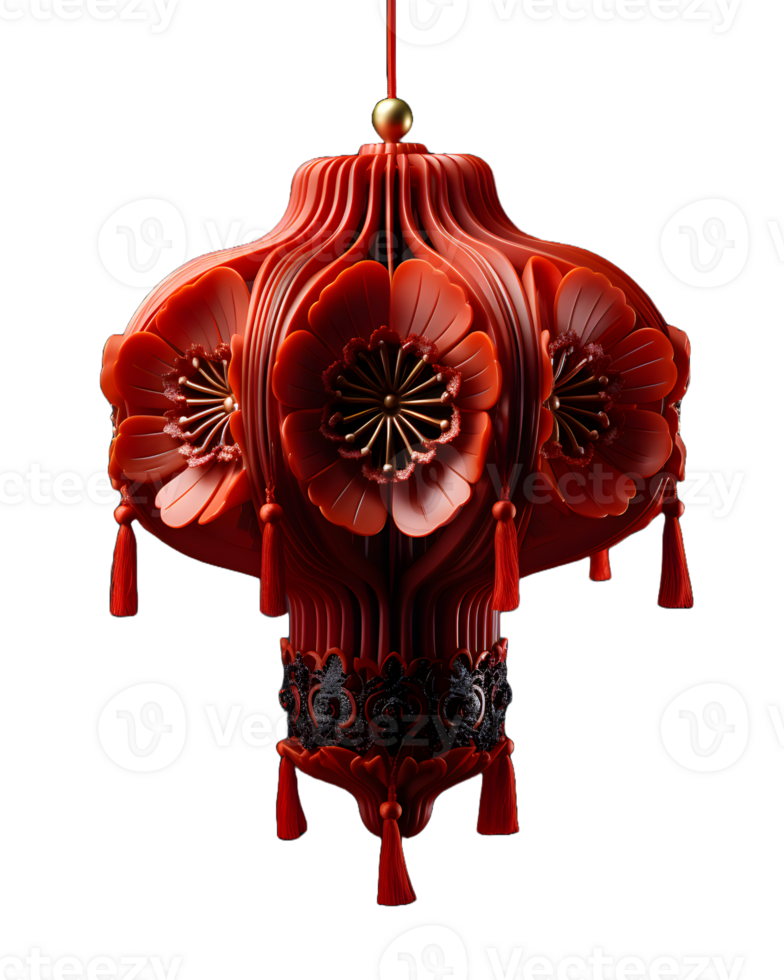 AI generated Beautiful Red Chinese Lantern with Floral Pattern Isolated on Transparent Background. Generative Ai png