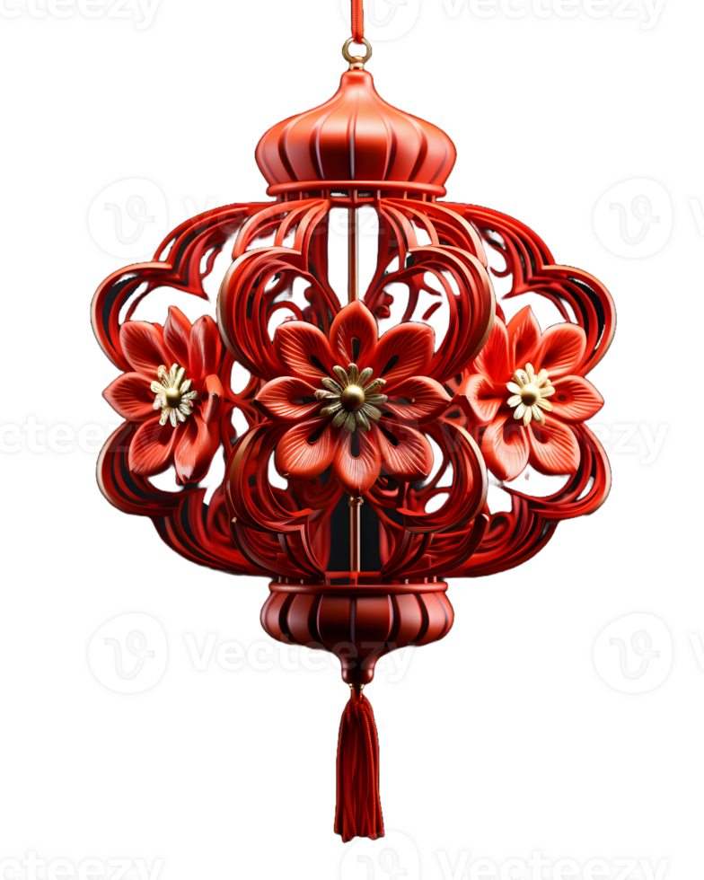 AI generated Beautiful Red Chinese Lantern with Floral Pattern Isolated on Transparent Background. Generative Ai png