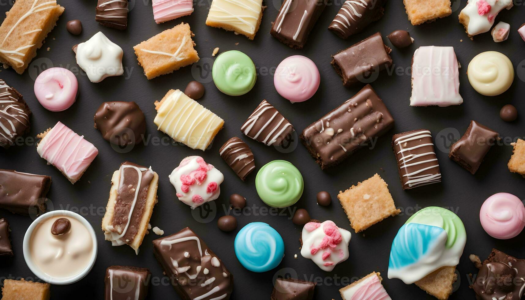AI generated assortment of chocolate and other sweets on a black background photo