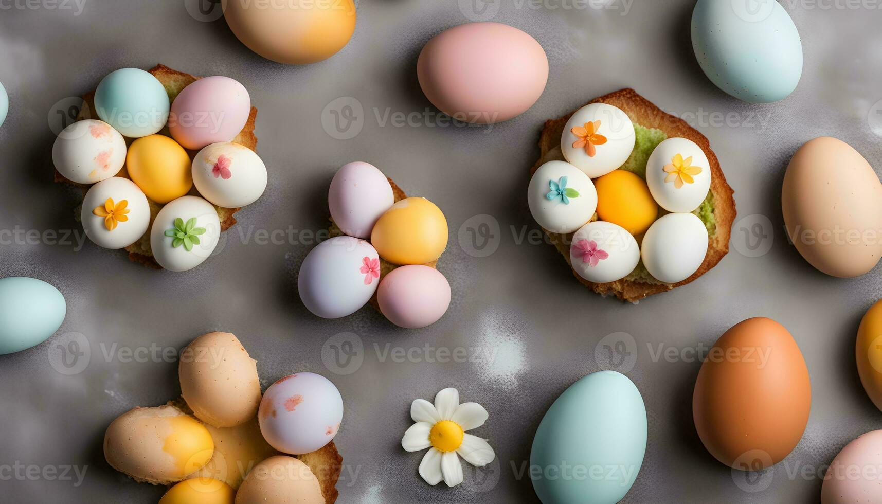 AI generated a variety of colorful eggs are arranged on a table photo