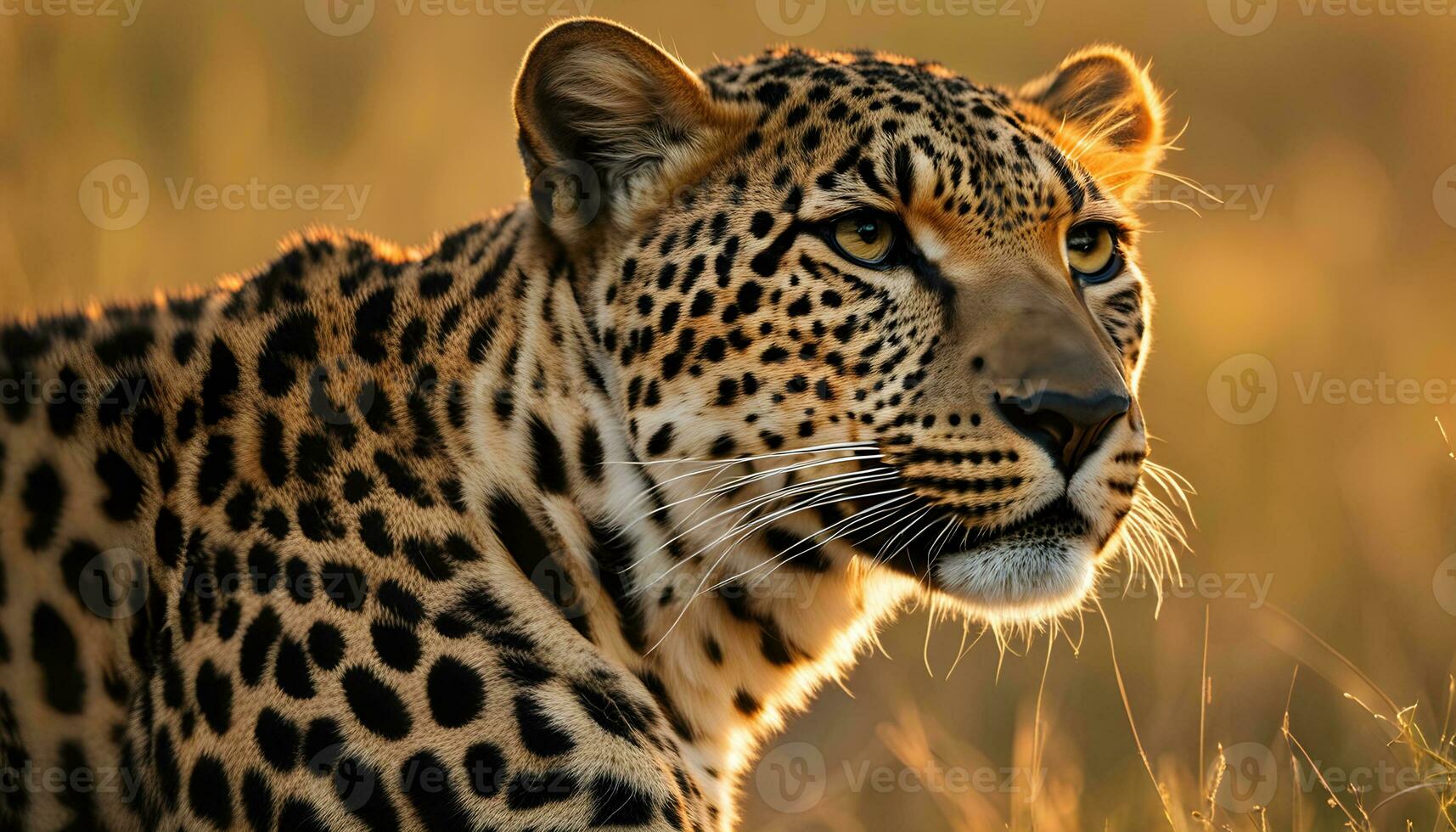 AI generated a leopard is standing in the grass at sunset photo