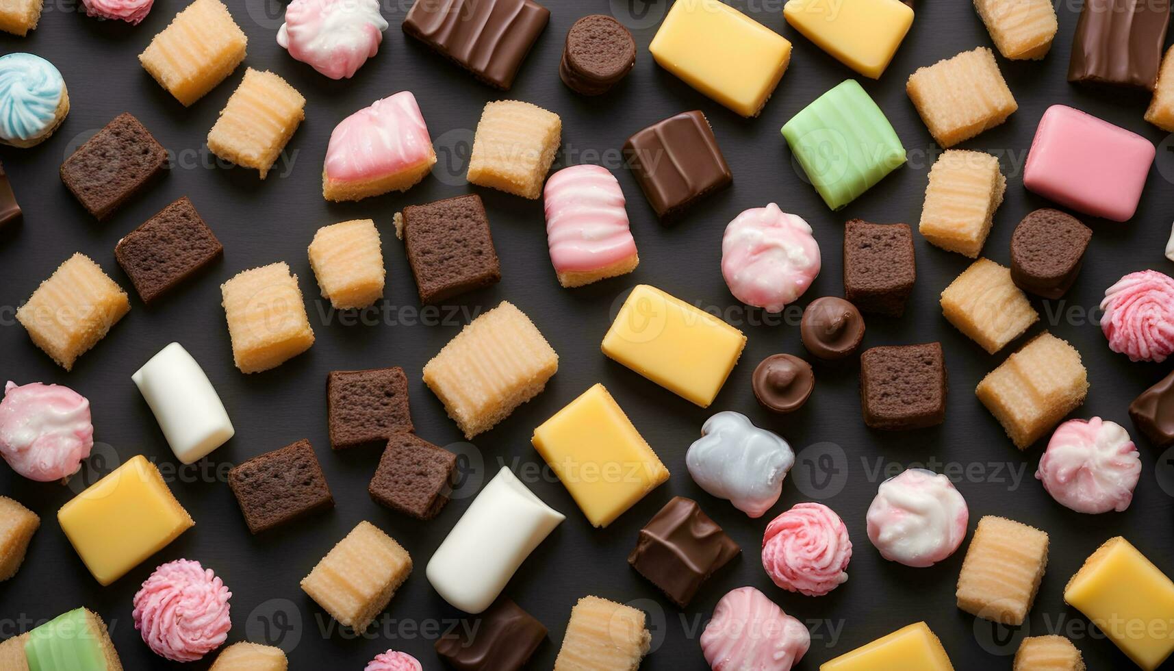 AI generated many different types of chocolate and candy on a black background photo