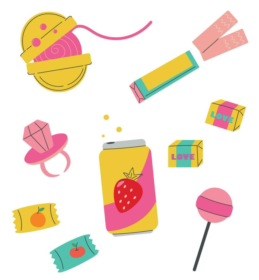Vector set of sweets and soda in 90s style, Sweet candies, chewing gum