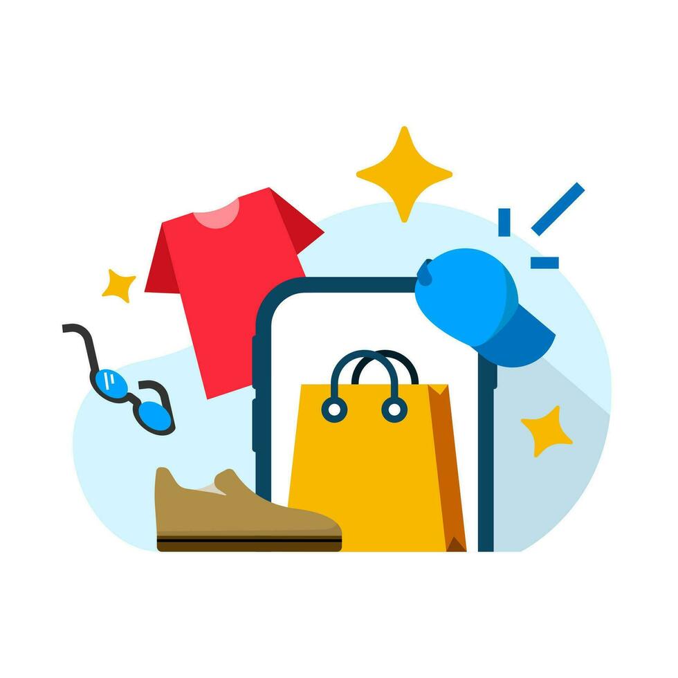 en línea compras aplicación para Moda productos en teléfono inteligente concepto ilustración plano diseño vector. sencillo moderno gráfico elemento para aterrizaje página ui, infografía, icono vector