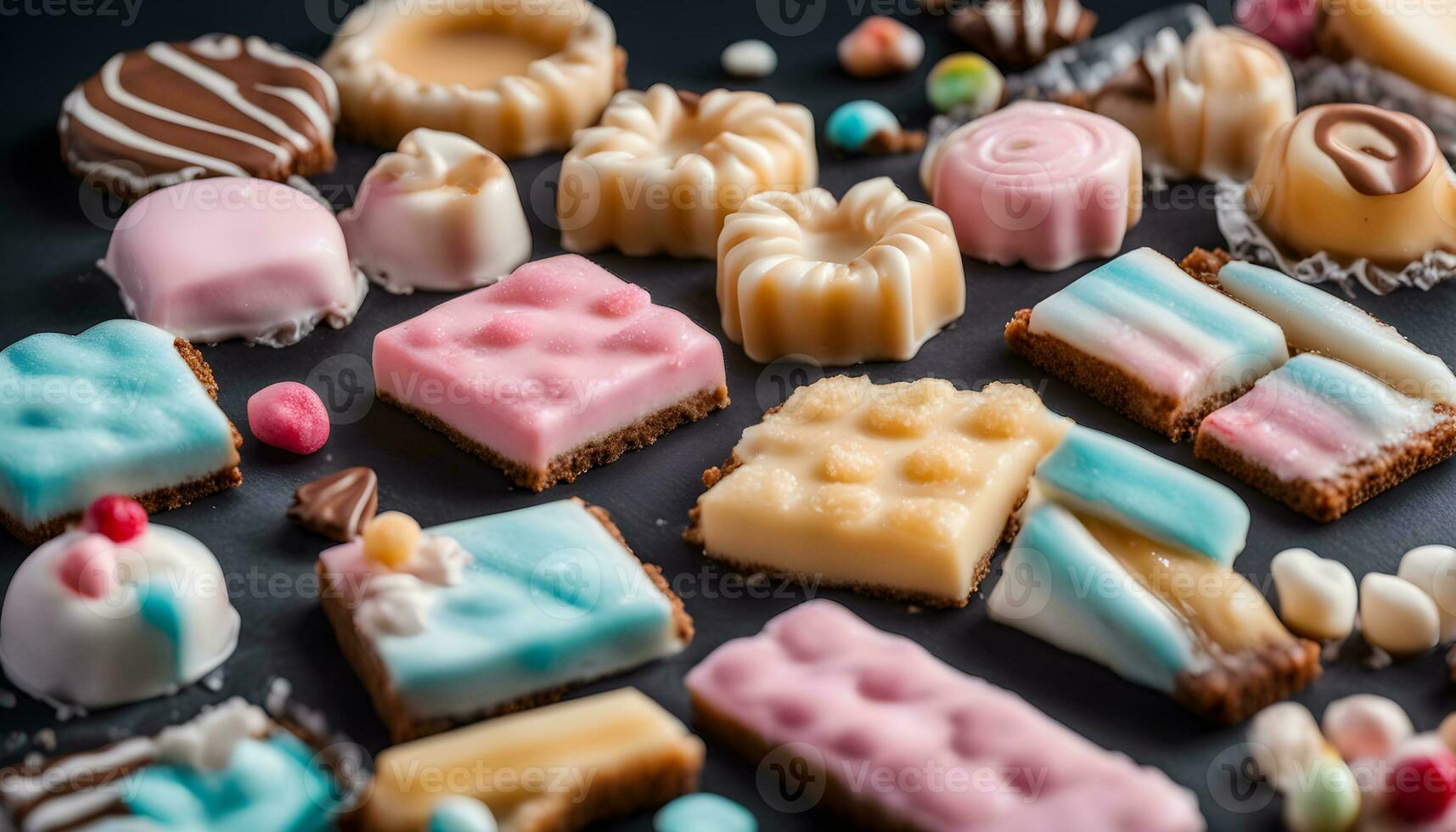 AI generated assorted sweets on a black background photo