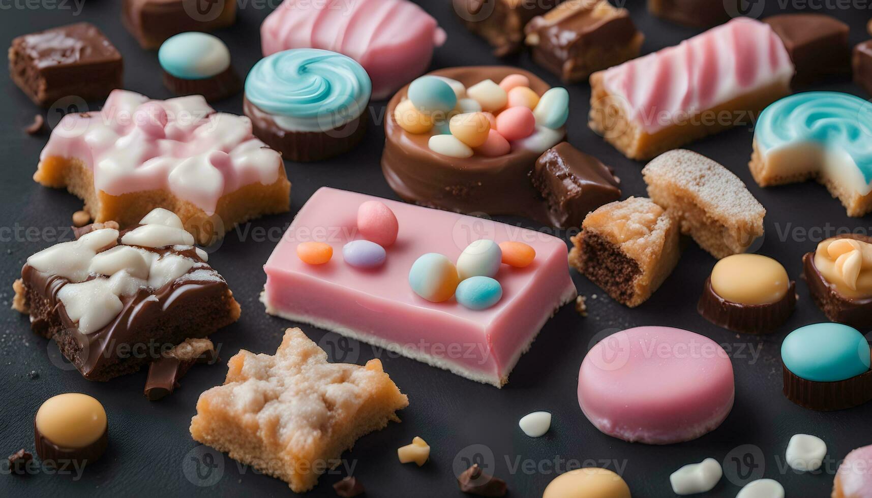 AI generated assortment of chocolate and candy on black background photo