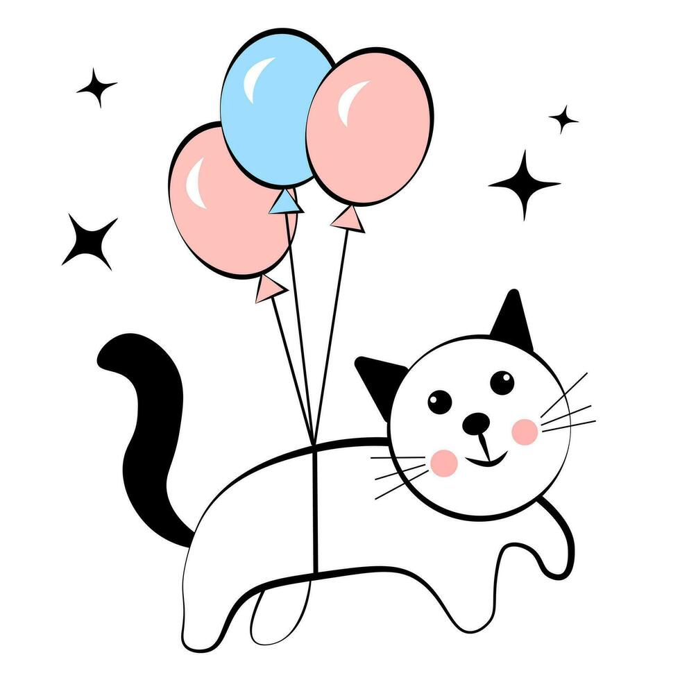 Cat flying on balloons. Doodle vector