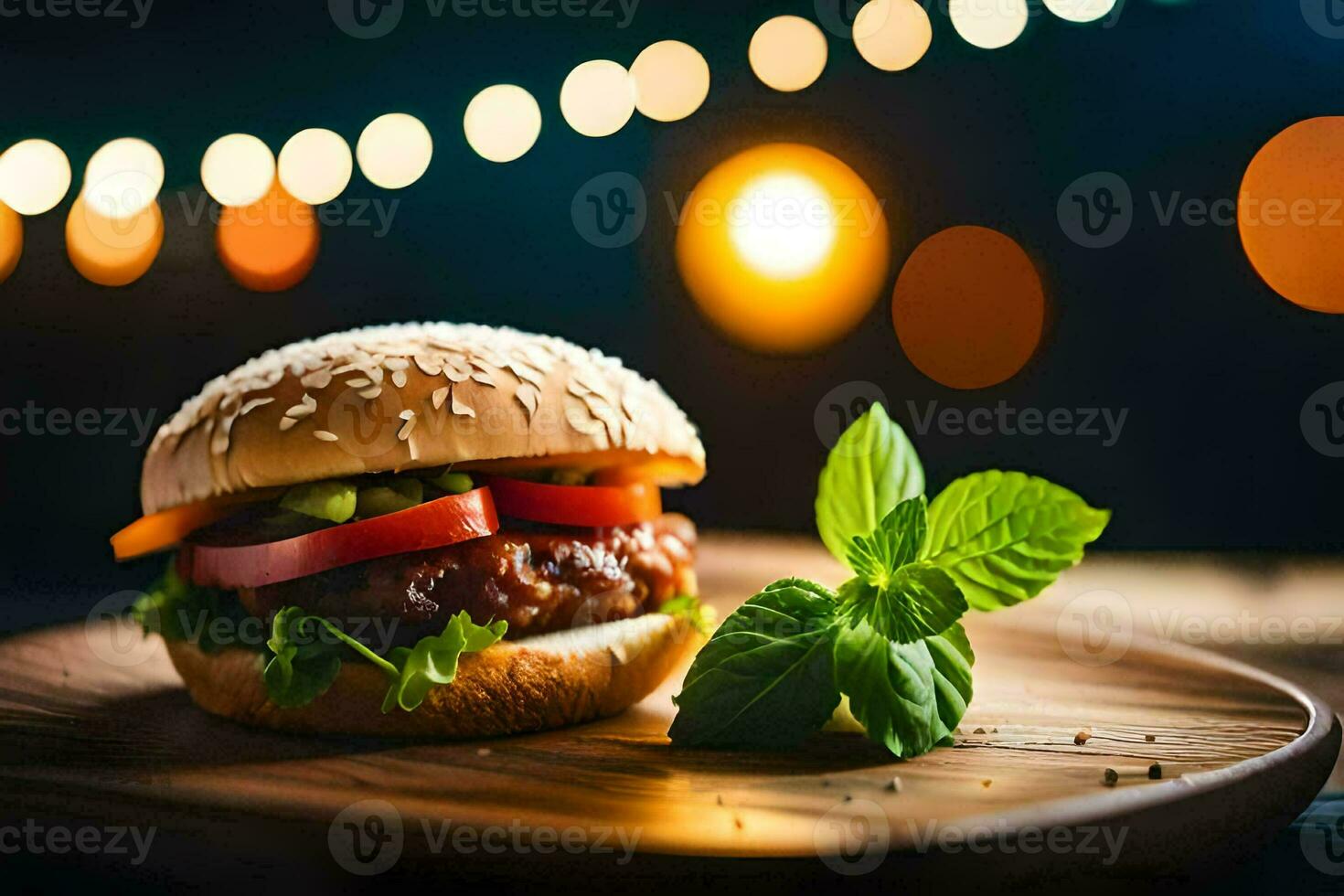 AI generated a hamburger on a wooden plate with lights in the background photo